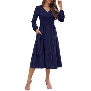 Merokeety Dress XL Navy Blue Smocked Long Sleeve Tiered Midi NWT